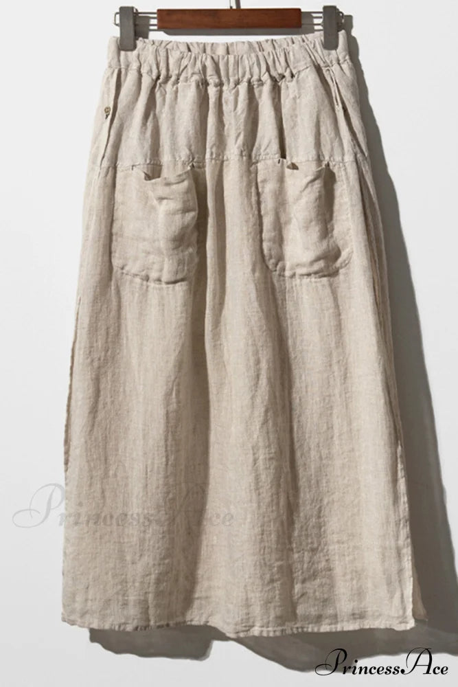 Solid Linen Midi Skirt With Pockets Khaki / M Sets