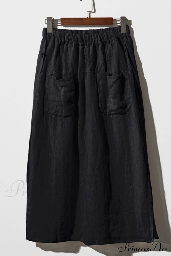 Solid Linen Midi Skirt With Pockets Sets