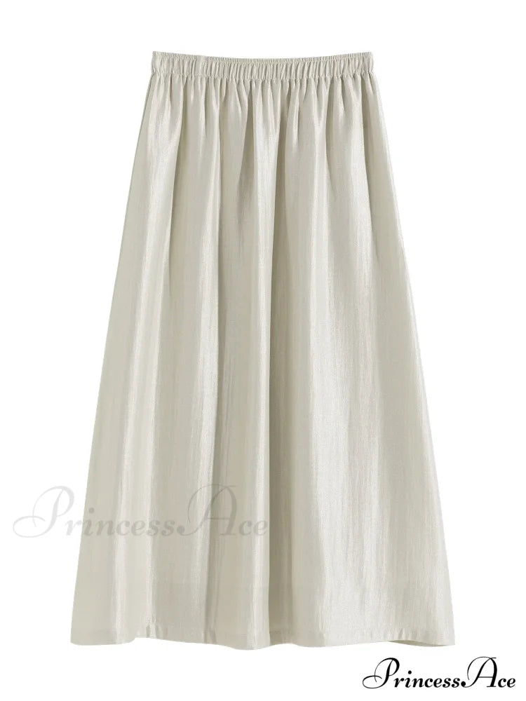 Solid Long High Waist Elastic Silver Grey Draped A-Line Commuter Skirt