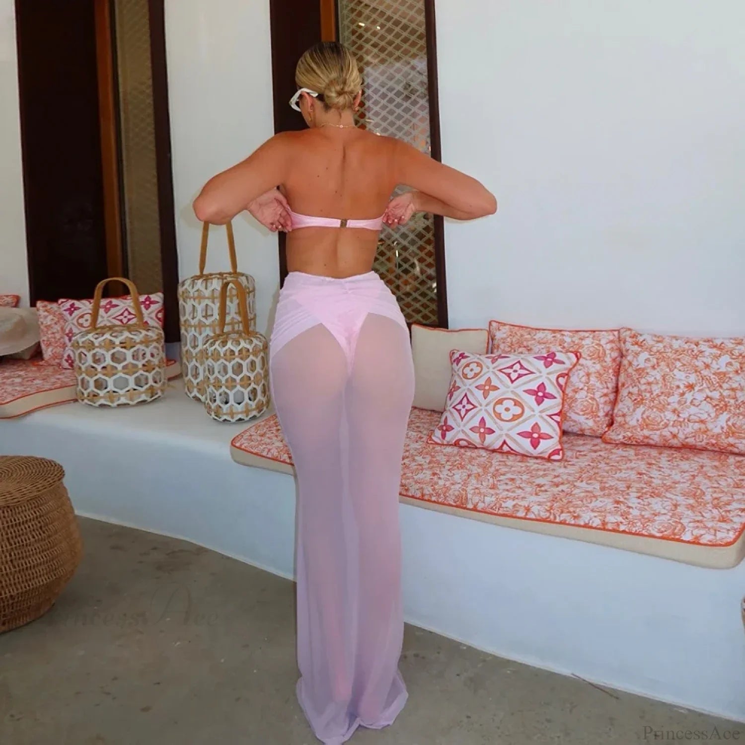 Solid Long Skirt Three Piece Swimsuit