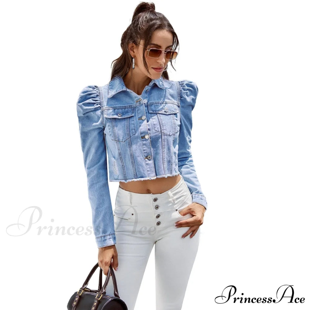 Solid Long Sleeve Slim Short Denim Jacket Light Blue / Xs