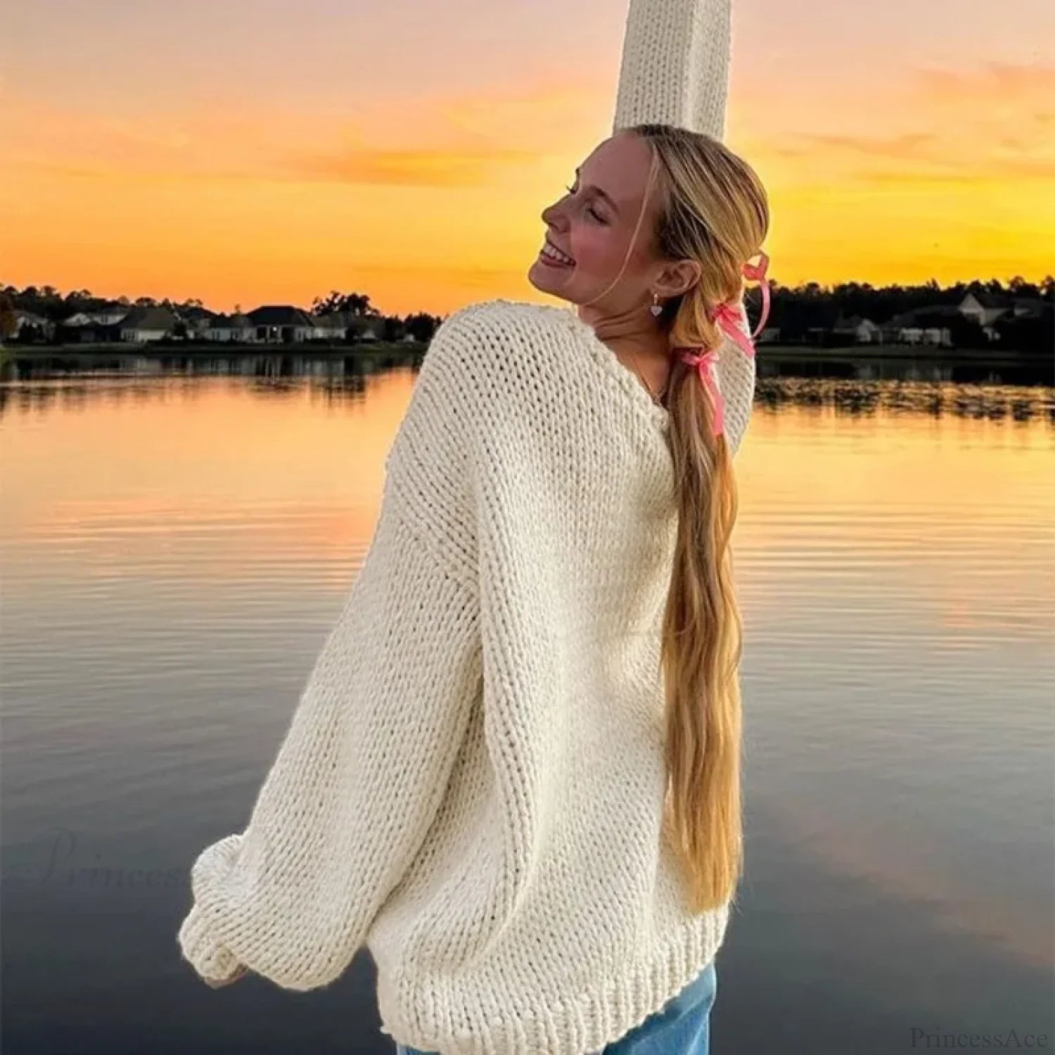 Solid Loose V-Neck Off-Shoulder Sweater