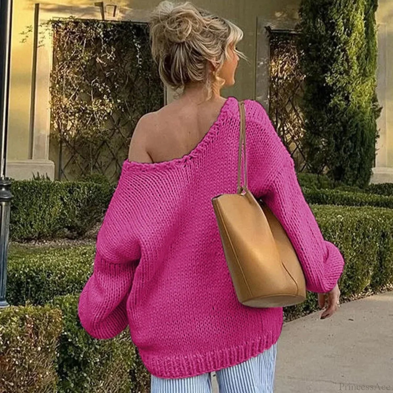 Solid Loose V-Neck Off-Shoulder Sweater