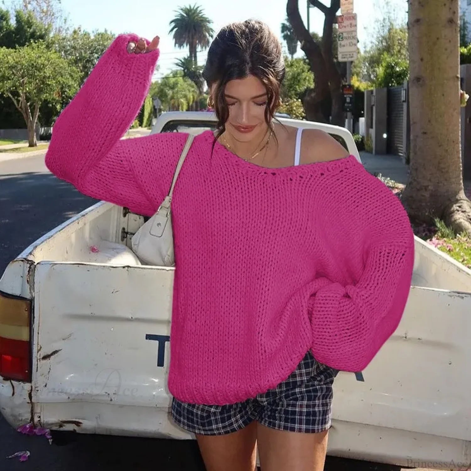 Solid Loose V-Neck Off-Shoulder Sweater