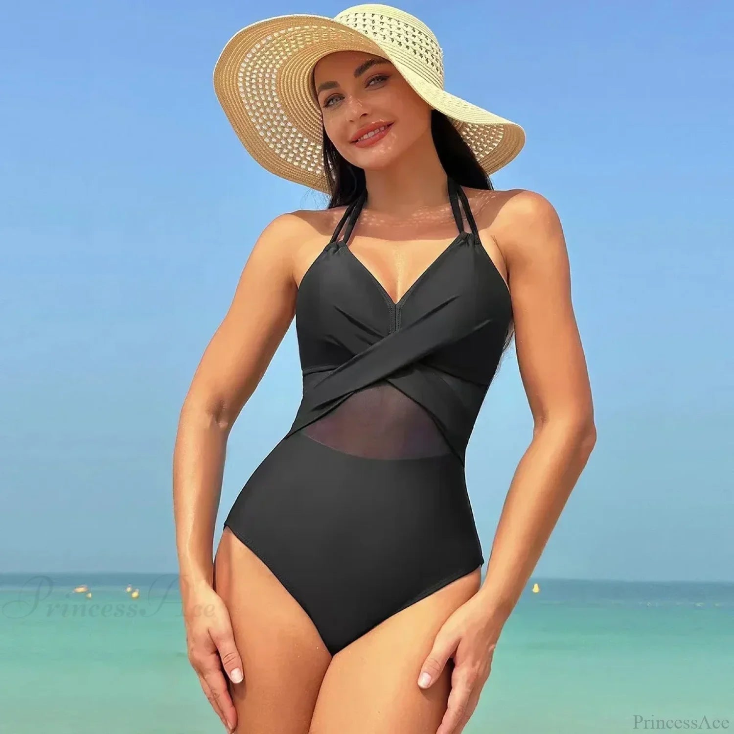 Solid Mesh V-neck One Piece Set Black / S