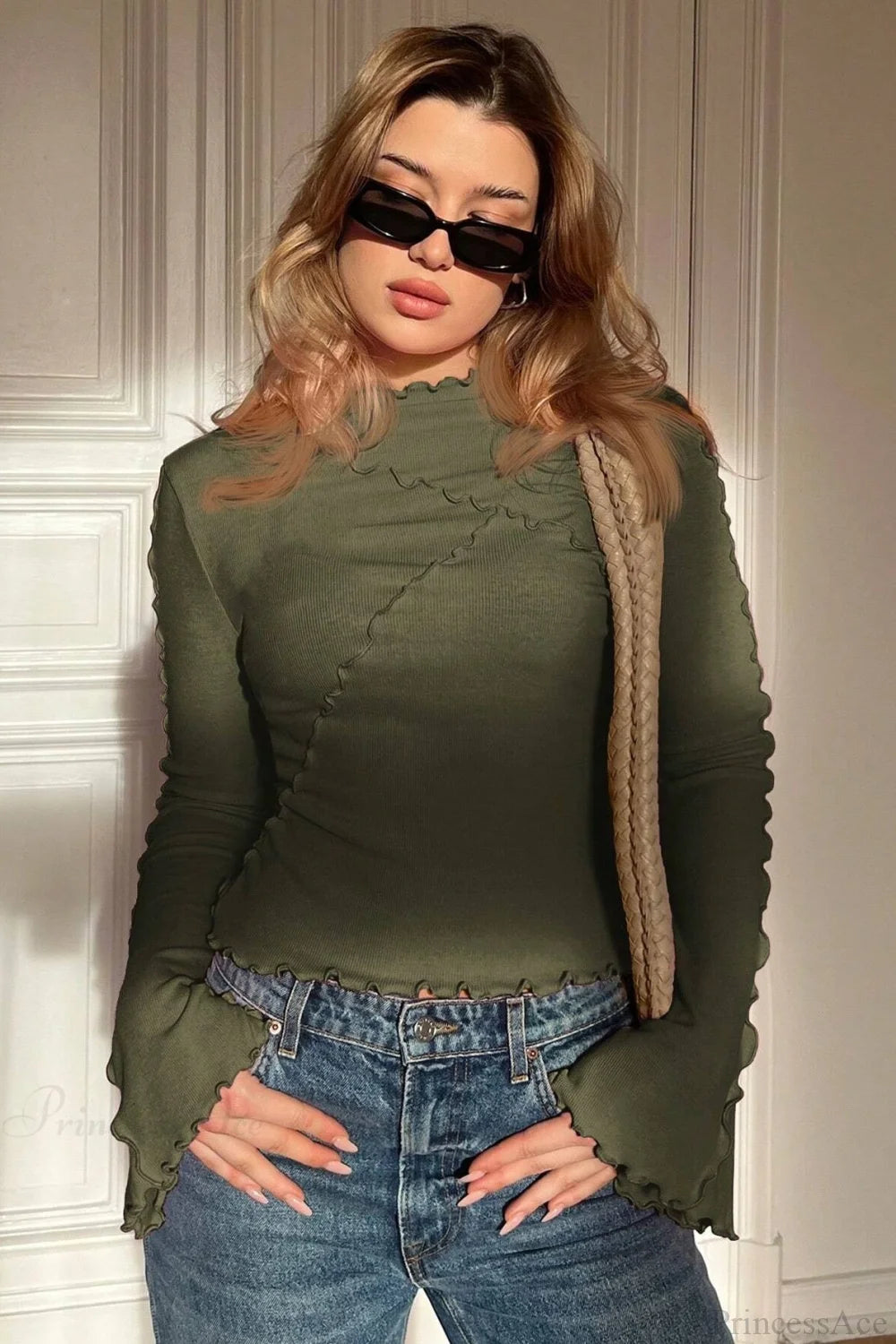 Solid Mock Neck Paneled Ruffled Long Sleeve Tee Army green / S