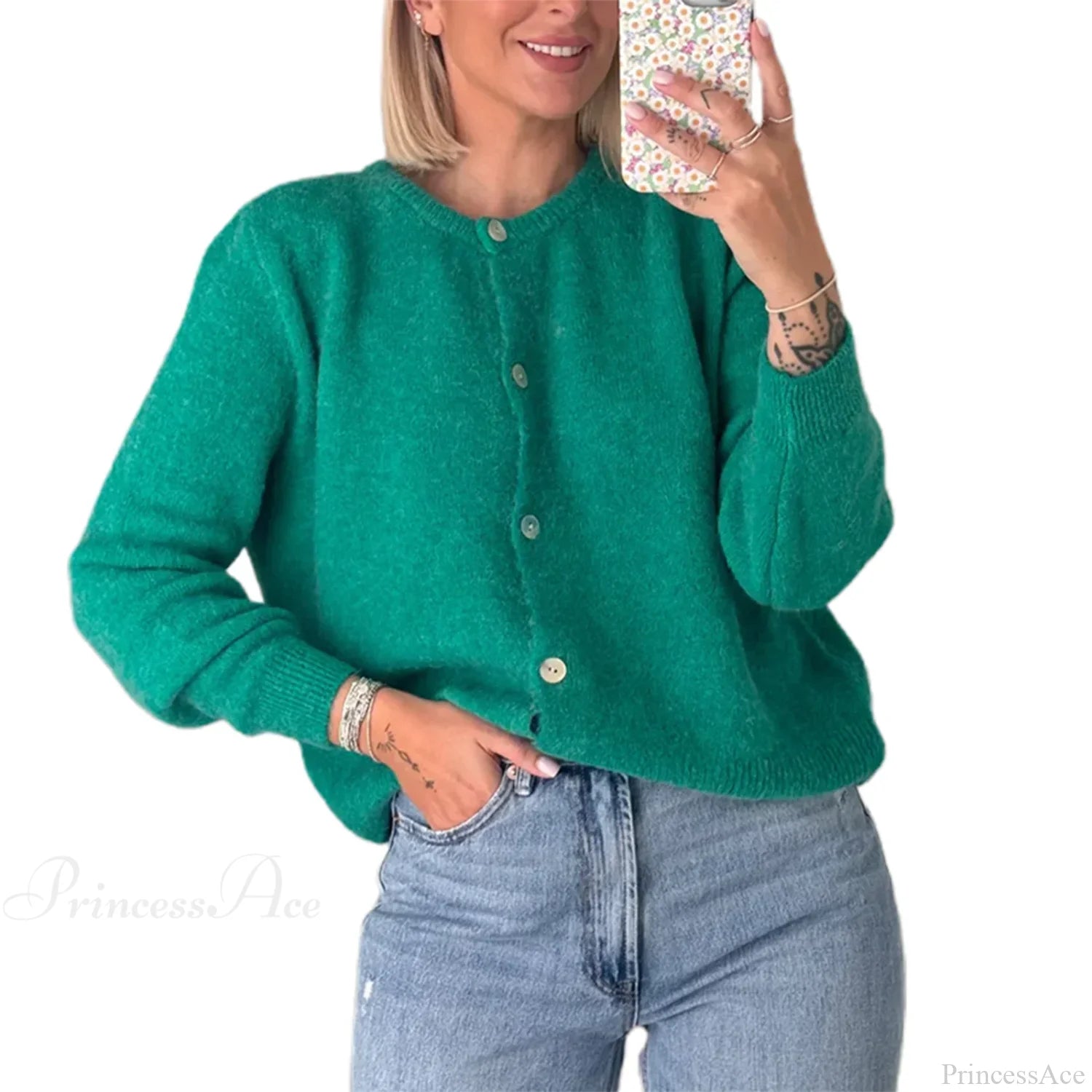 Solid O-neck Cropped Knitted Cardigan green 1 / S