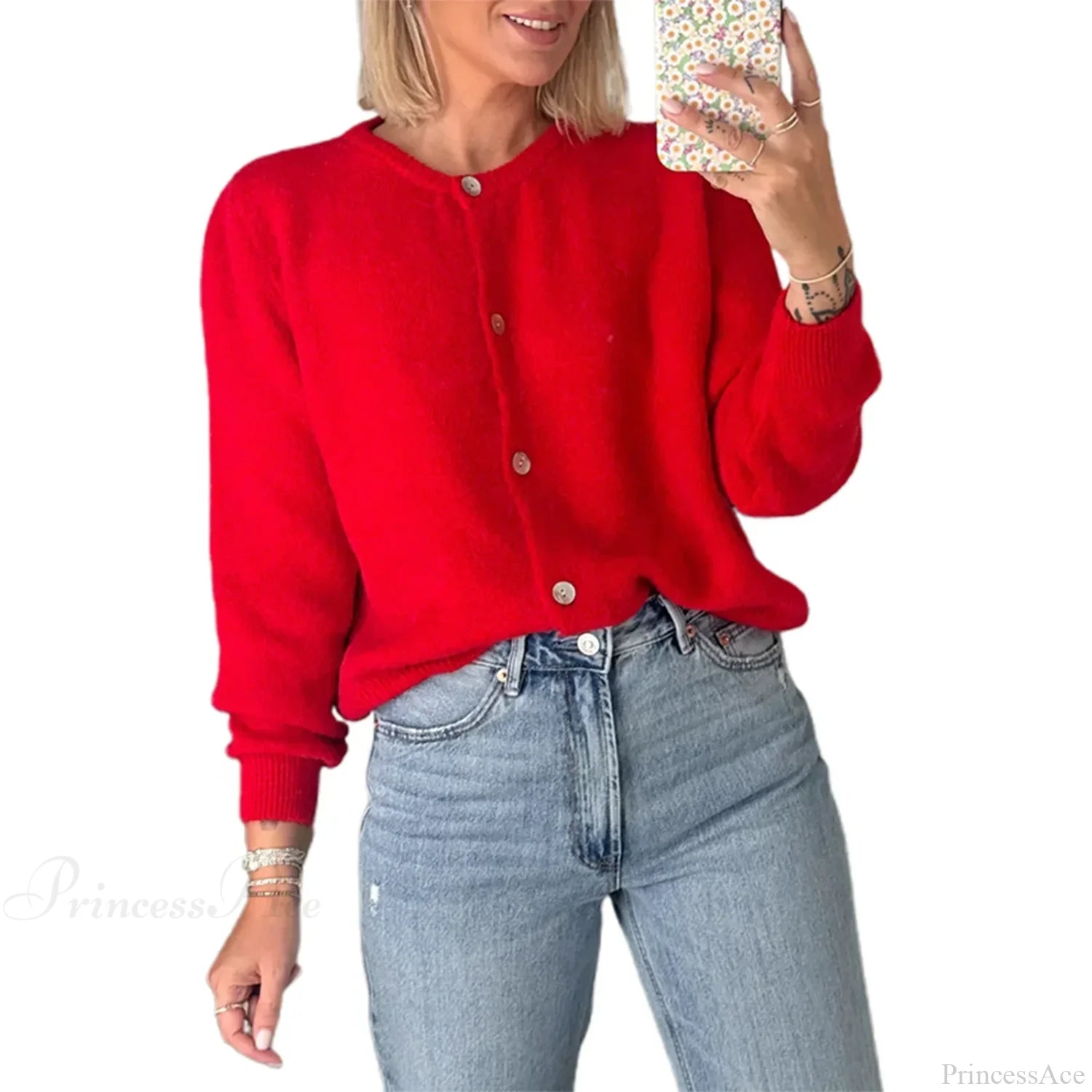 Solid O-neck Cropped Knitted Cardigan red 1 / S
