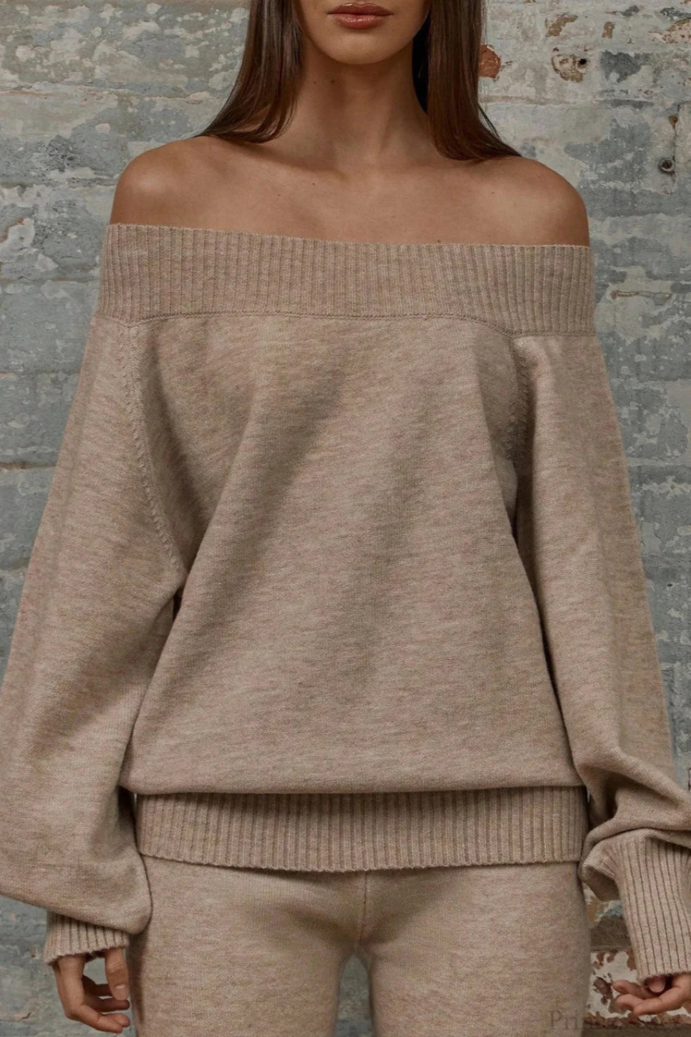 Solid Off Shoulder Loose Sweater Brown / S