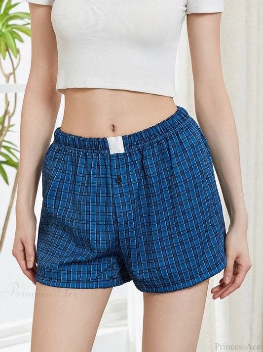 Solid Plaid Elastic Waist Short short-250223