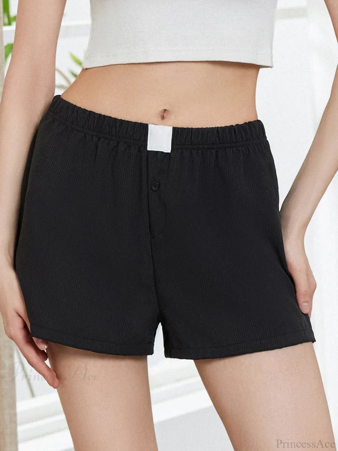 Solid Plaid Elastic Waist Short black / S short-250223