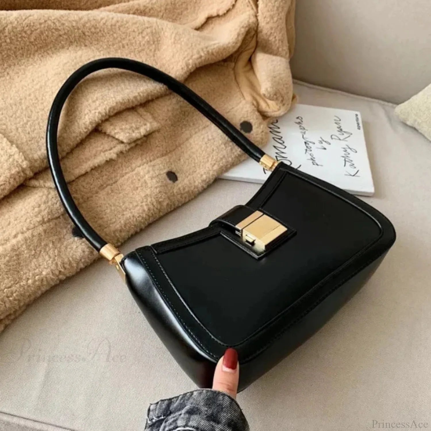 Solid PU Leather Trendy Lock Shoulder Bag shoulder-250126