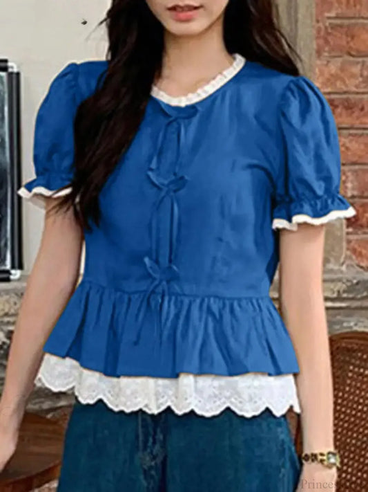 Solid Puff Sleeve Lace Patchwork Stand Collar Blouse Blue / S blouse-250126