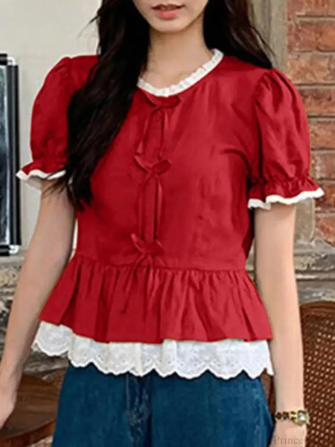 Solid Puff Sleeve Lace Patchwork Stand Collar Blouse Red / S blouse-250126
