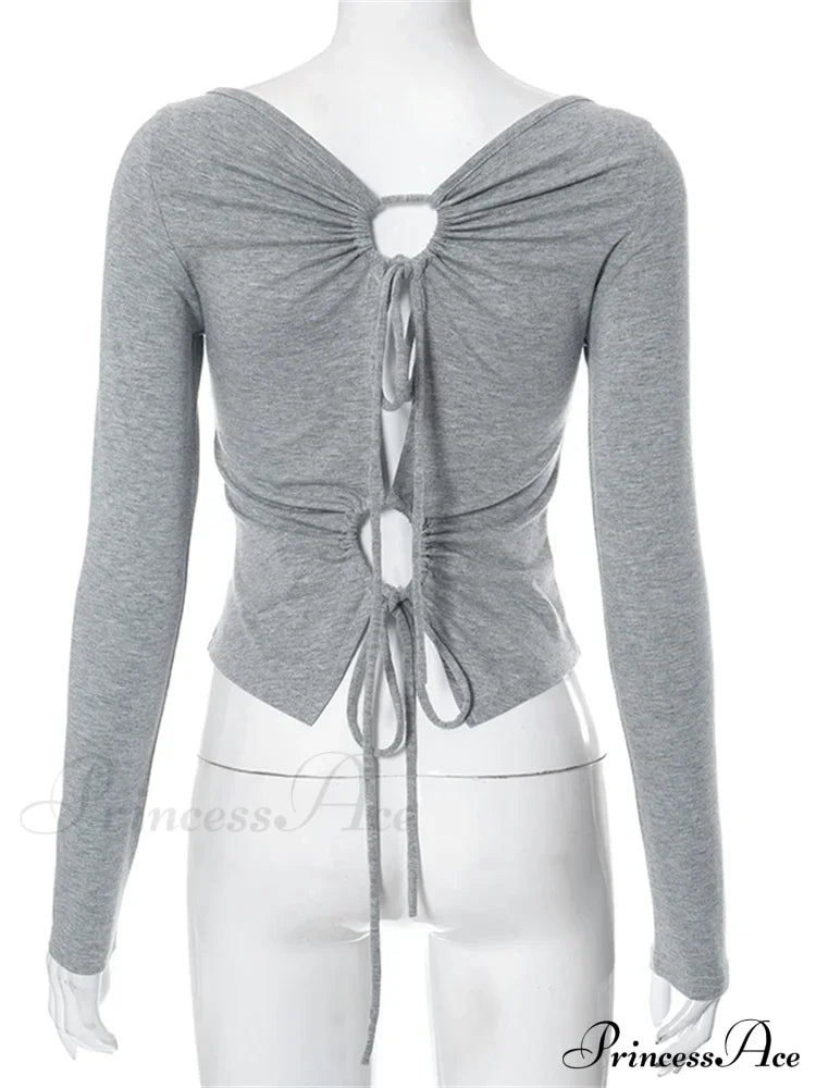 Solid Round Neck Spring Fall Backless Long Sleeve Drawstring T-Shirts