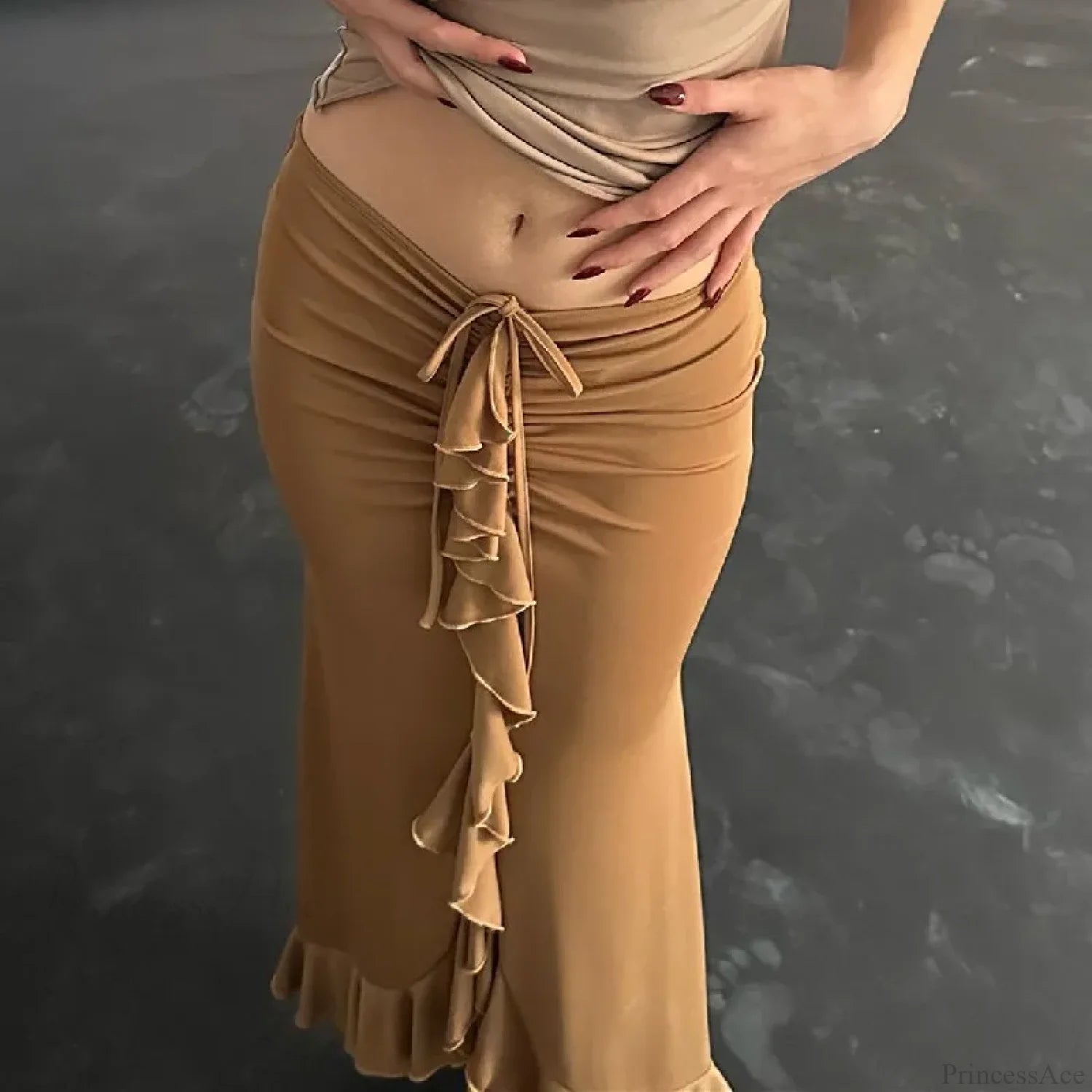 Solid Ruffles Bandage Street Skirt Khaki / S