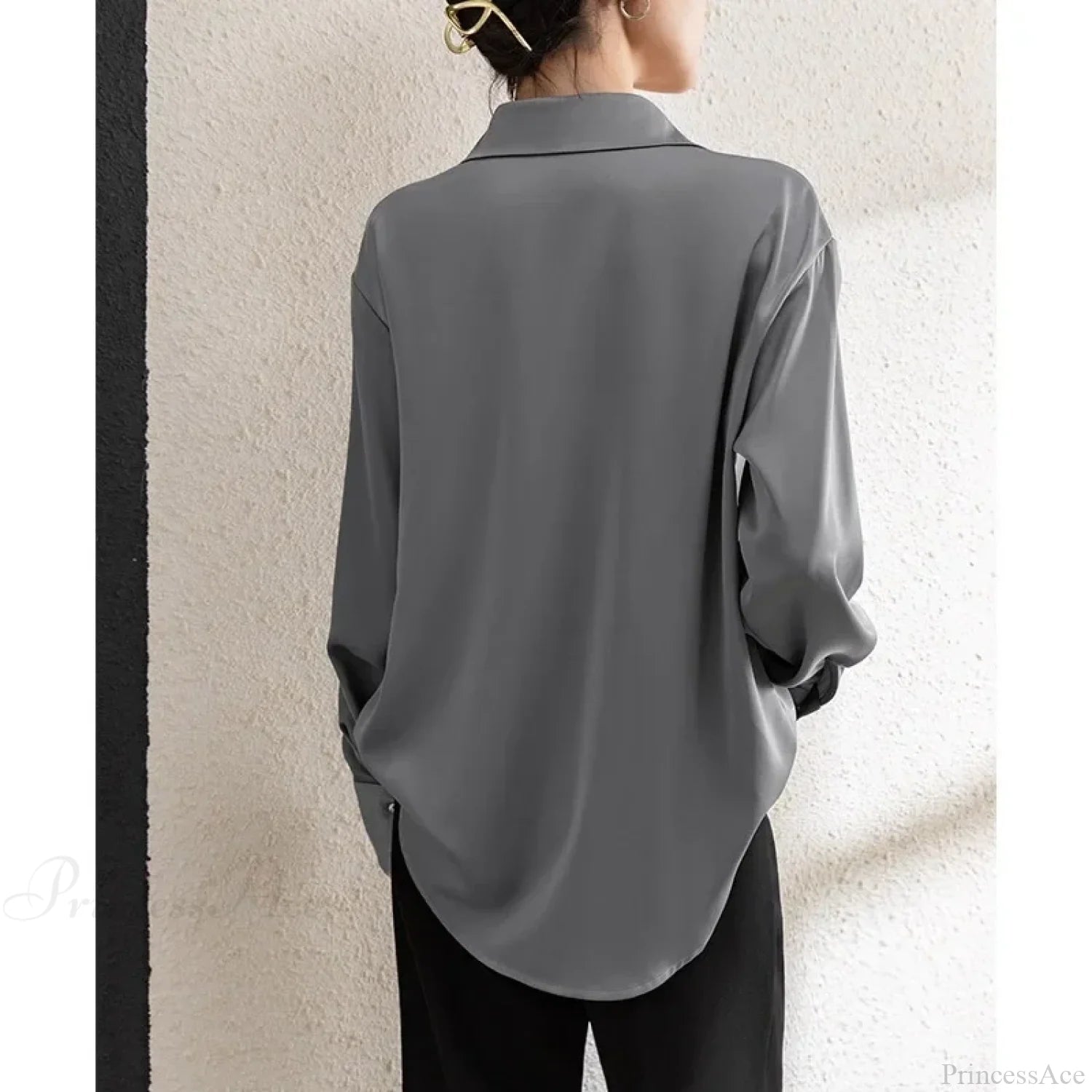 Solid Satin Drape Loose Long Sleeve Office Lady Blouse blouse-250126