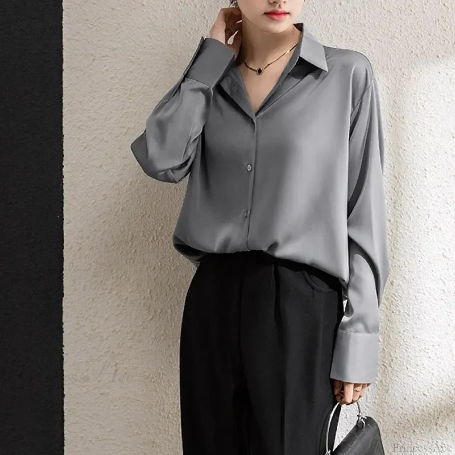 Solid Satin Drape Loose Long Sleeve Office Lady Blouse blouse-250126