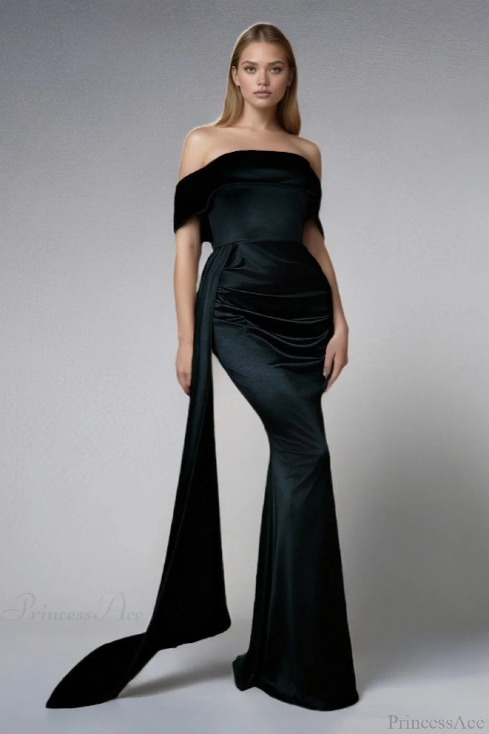 Solid Satin Off-the-Shoulder High Waist Mermaid Wedding Dress Black / XS