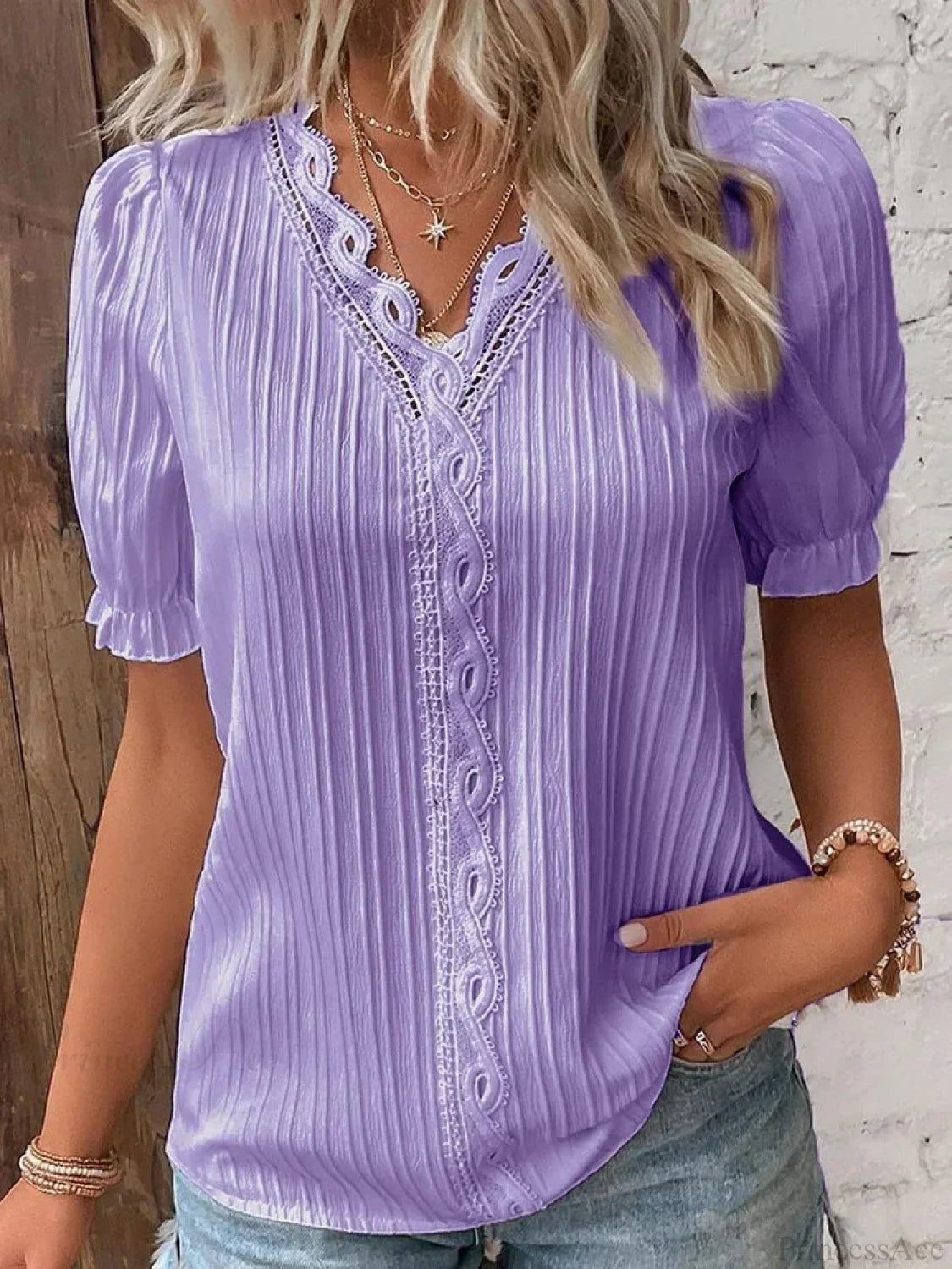 Solid Sexy V-neck Splice Short Sleeve Blouse blouse-250126