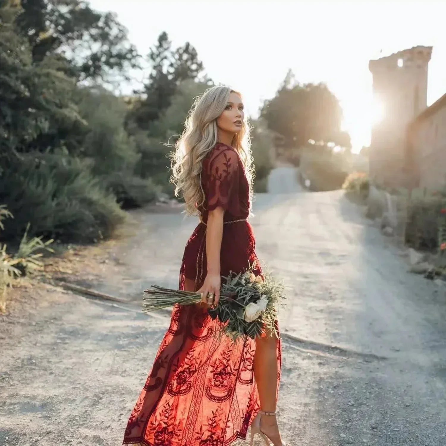 Solid Short Sleeve Lace V-neck Loose Maxi Boho Dress claret / One Size bohodress-250126