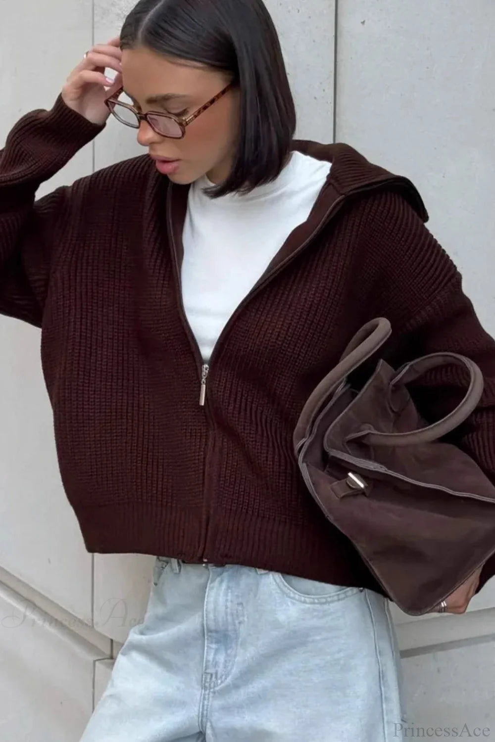 Solid Simple Zip Cardigan Casual Slouchy Knit Jacket Brown / S