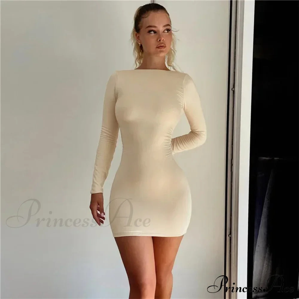 Solid Slinky Open Back Long Sleeve Mini Dress