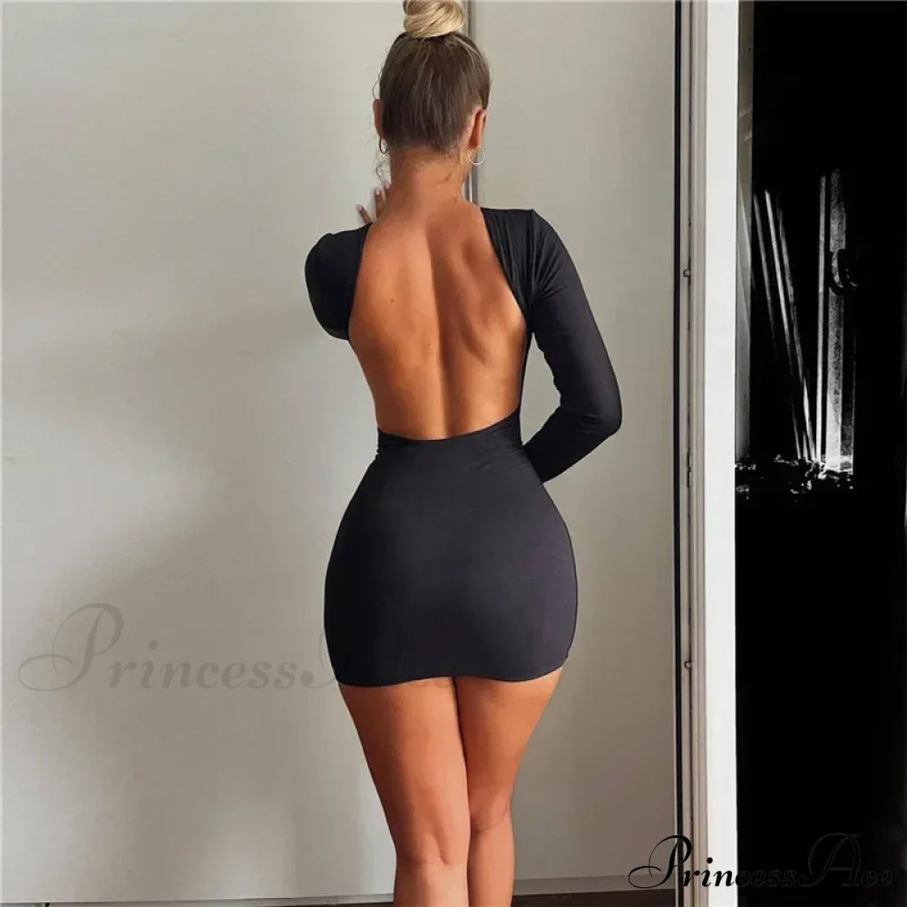 Solid Slinky Open Back Long Sleeve Mini Dress