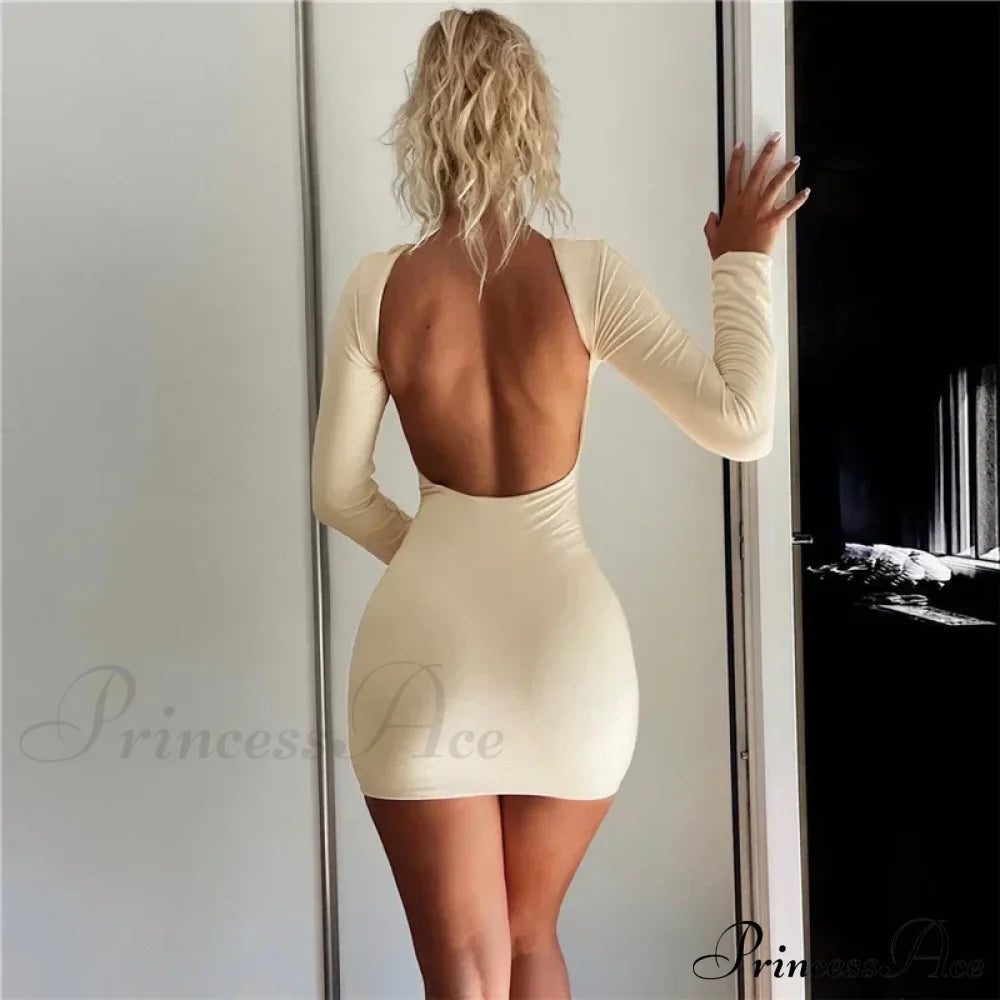 Solid Slinky Open Back Long Sleeve Mini Dress