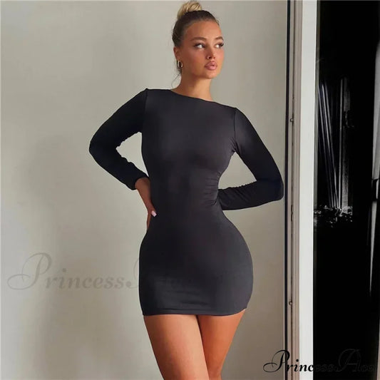 Solid Slinky Open Back Long Sleeve Mini Dress