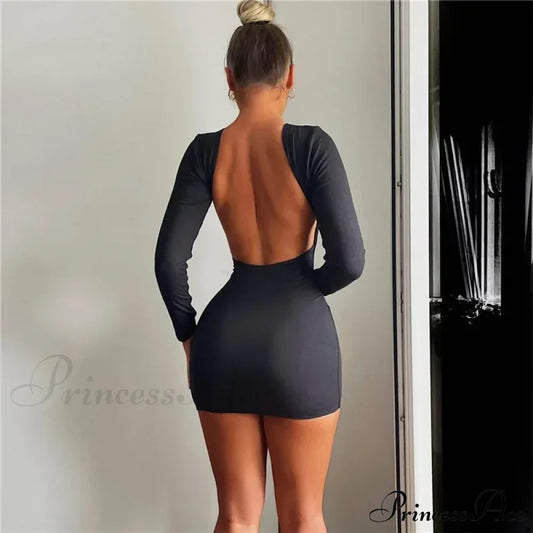 Solid Slinky Open Back Long Sleeve Mini Dress Black / S