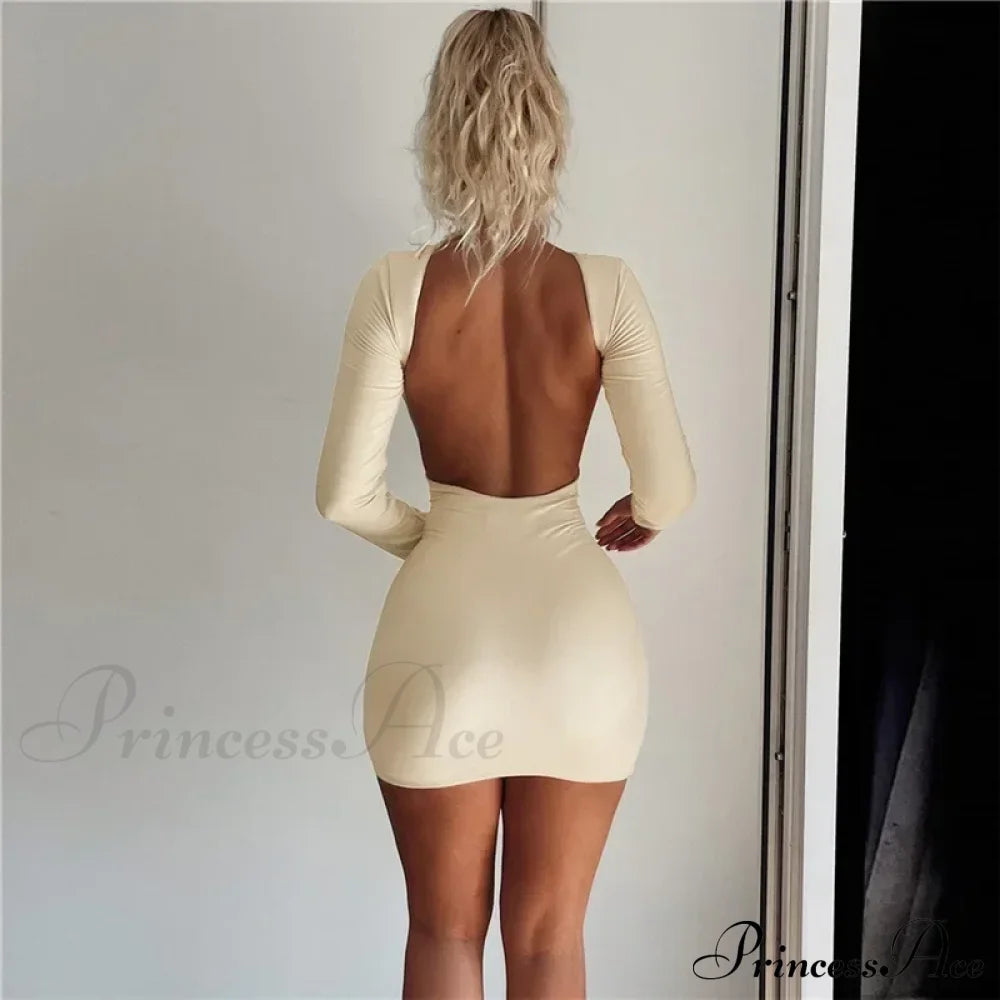 Solid Slinky Open Back Long Sleeve Mini Dress Khaki / S