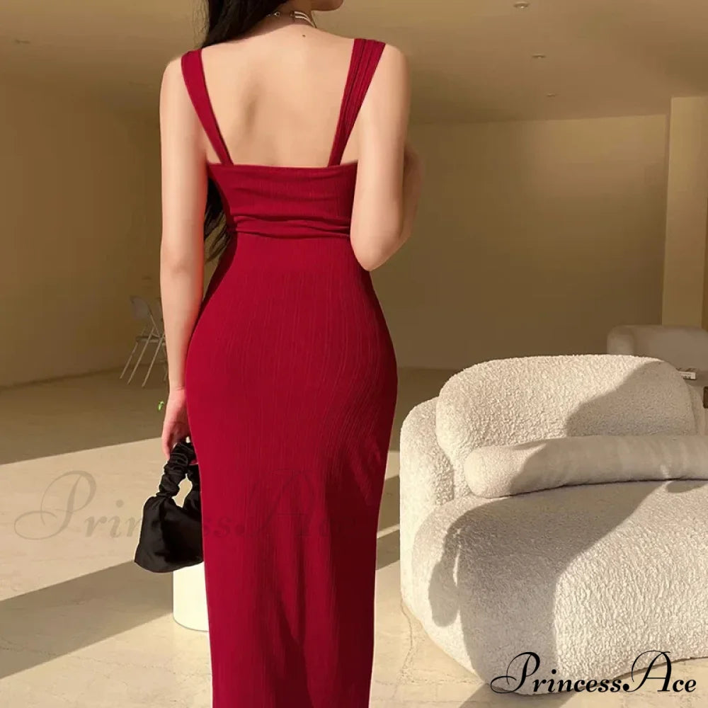 Solid Spaghetti Strap Backless Summer Casual Elegant Party Bodycon Dress