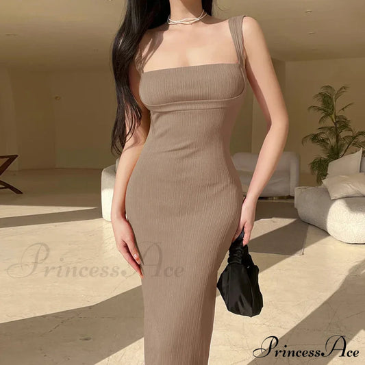 Solid Spaghetti Strap Backless Summer Casual Elegant Party Bodycon Dress Beige / S