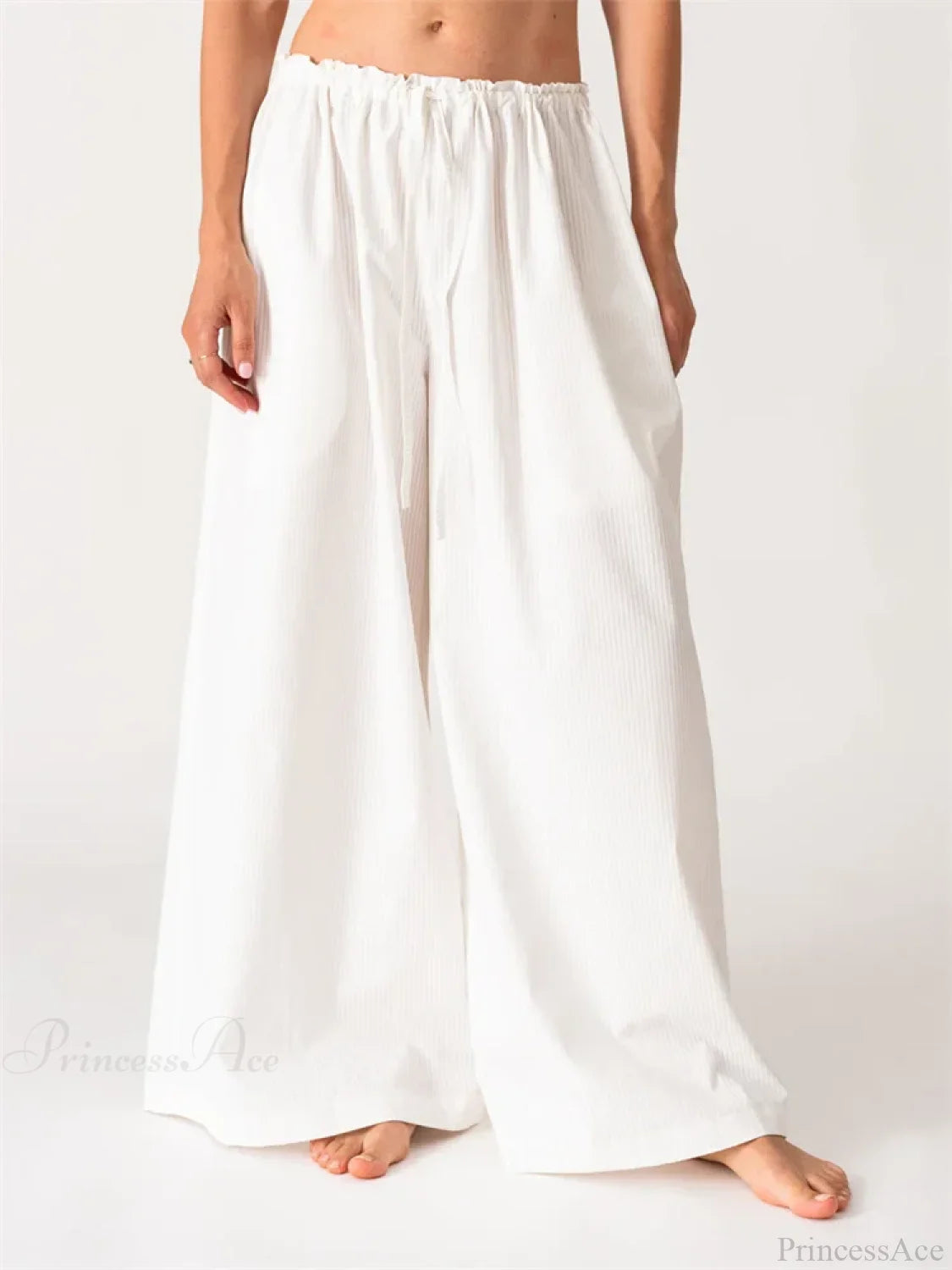 Solid/Striped Baggy Drawstring Casual Wide Pant WHITE / S pant-250223