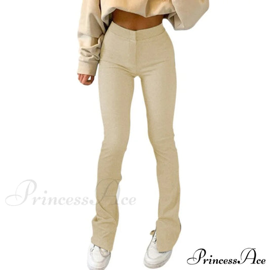 Solid Sweatpants Skinny Long Trousers Beige / S