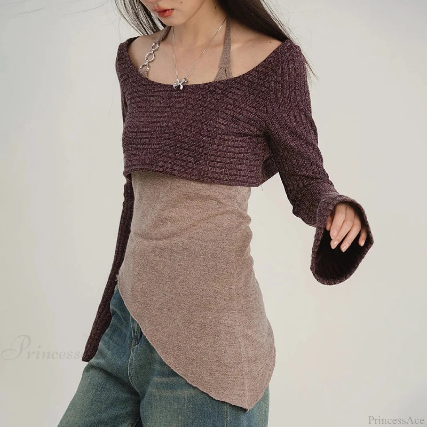 Solid Tank Tie-Up Halter Backless Long Sleeve Knit Top knittop-250126
