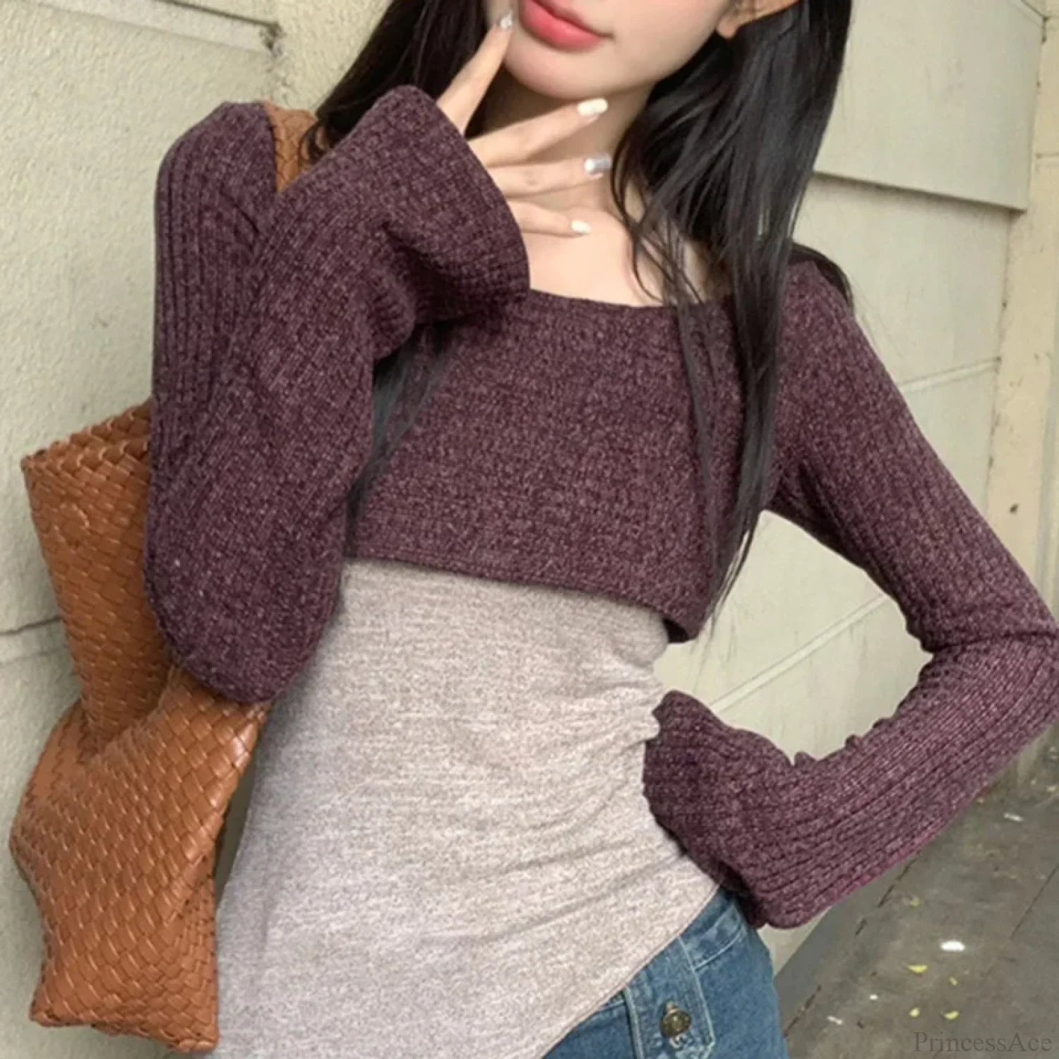 Solid Tank Tie-Up Halter Backless Long Sleeve Knit Top PURPLE / One Size knittop-250126
