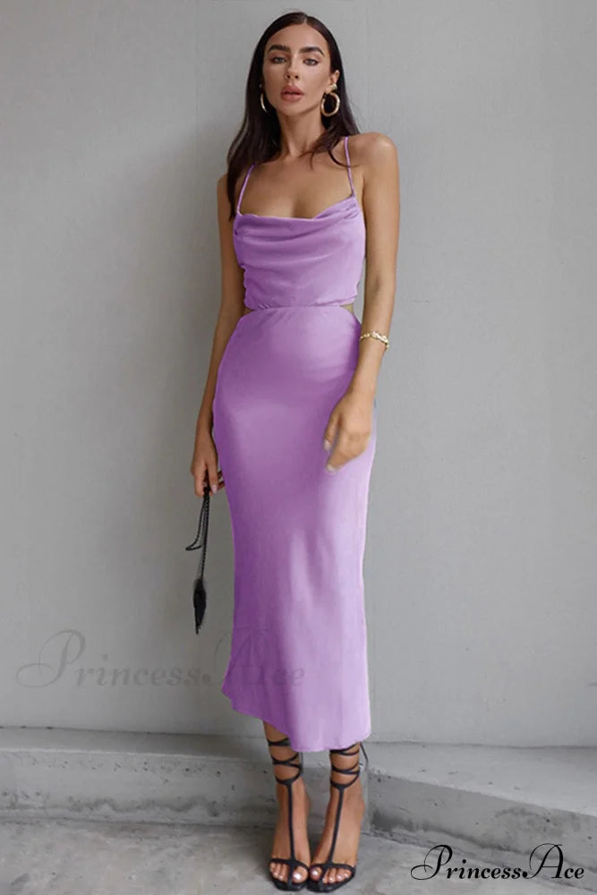 Solid Tie Backless Cami Dress Purple / S Midi Dresses