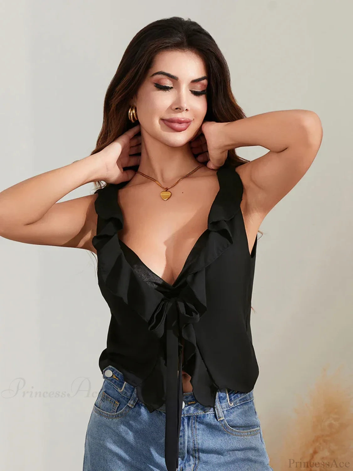 Solid Tie Front Sleeveless Ruffle Trim Low Cut Crop Top Black / S croptop-250126