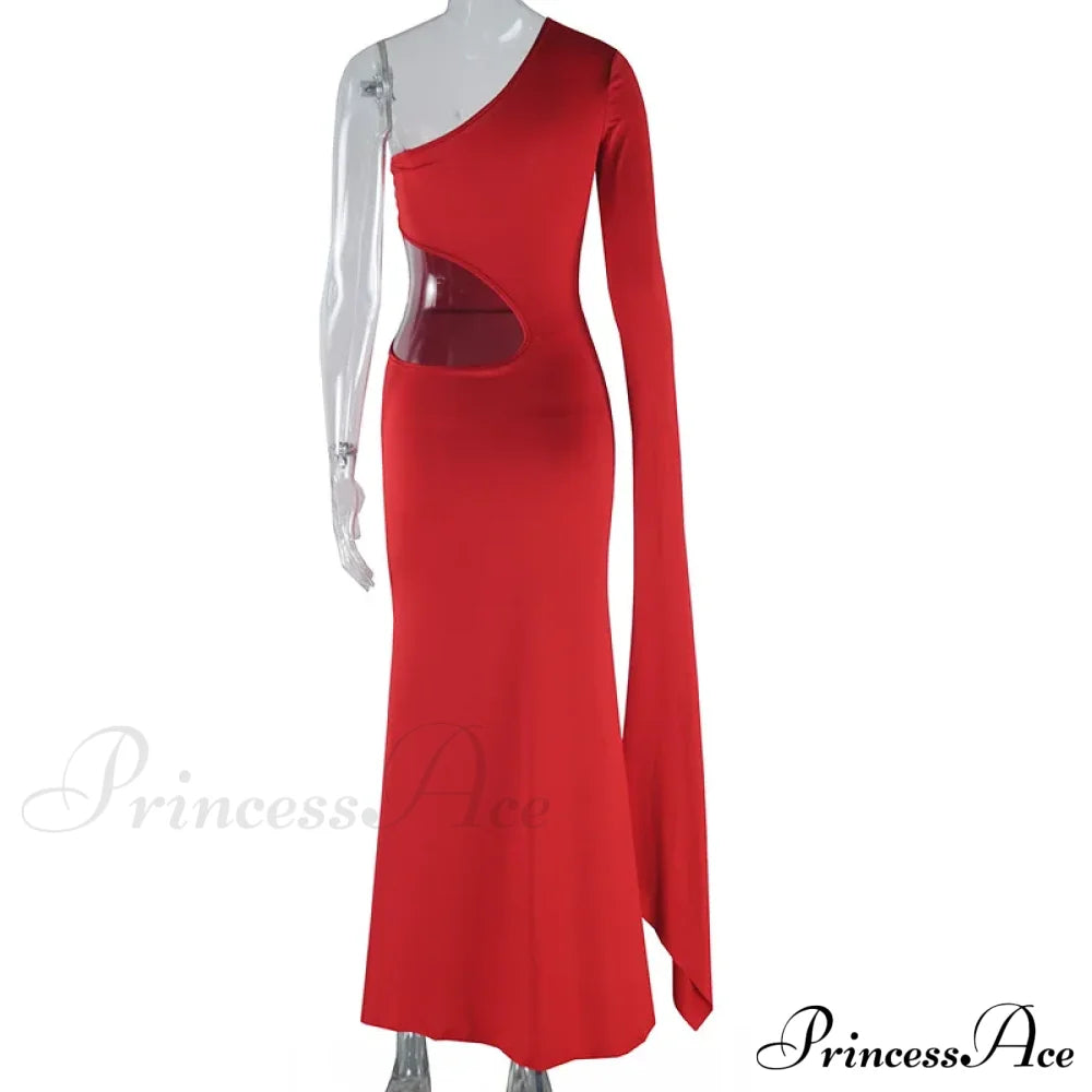 Solid Trend Incline Shoulder Hollow High Street Maxi Dress Sexy Elegant Christmas Party Red / S