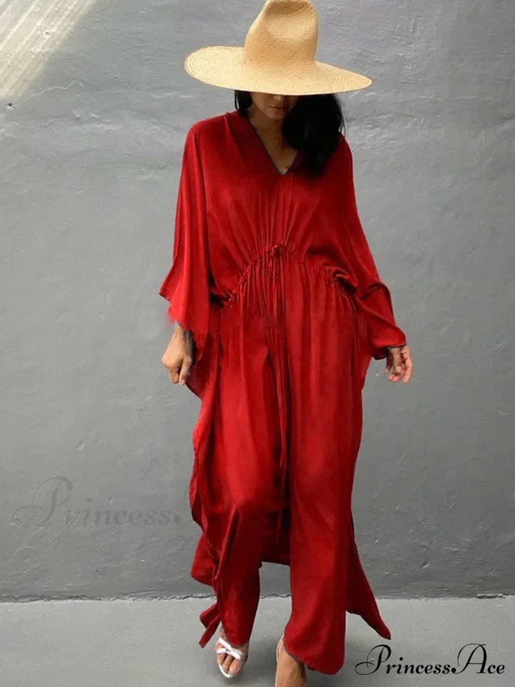 Solid Tunic Loose Kaftan Side Split Long Maxi Dress