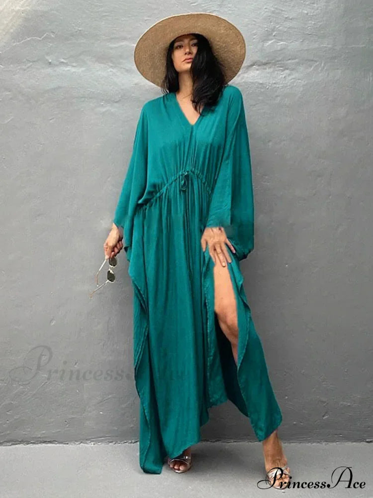 Solid Tunic Loose Kaftan Side Split Long Maxi Dress