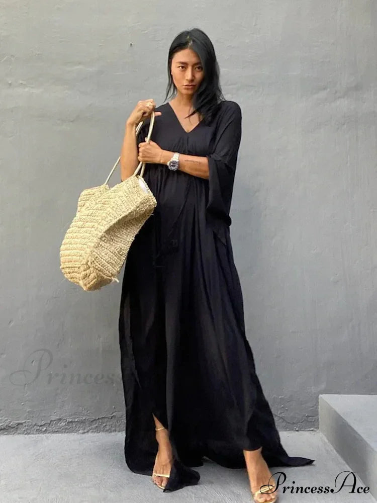 Solid Tunic Loose Kaftan Side Split Long Maxi Dress Black / One Size