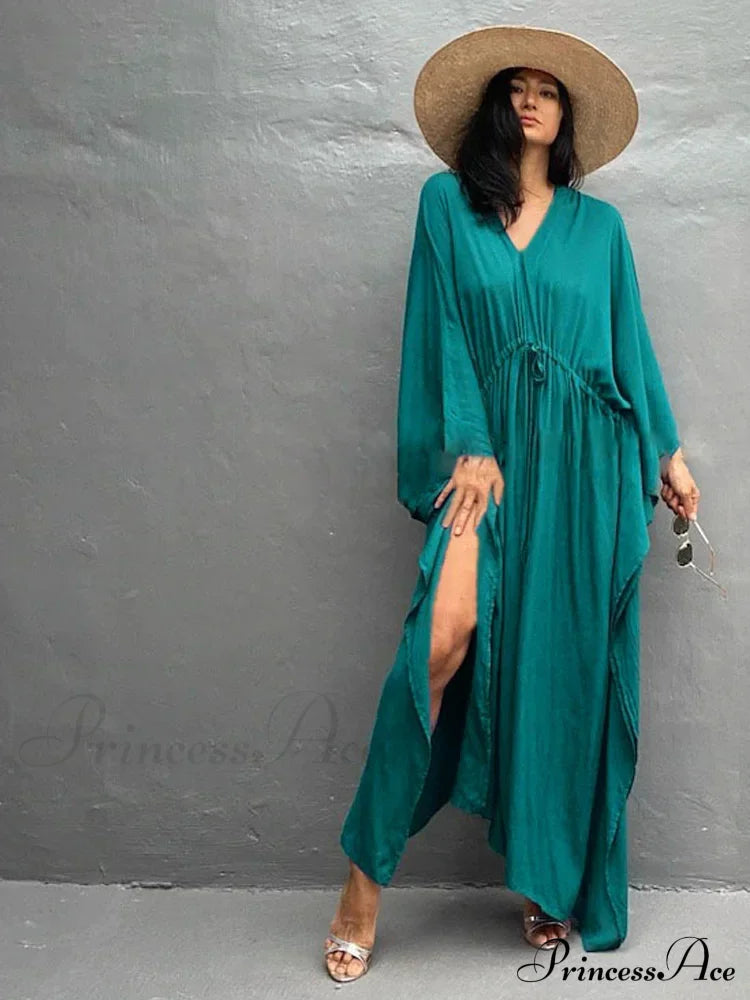 Solid Tunic Loose Kaftan Side Split Long Maxi Dress Green / One Size