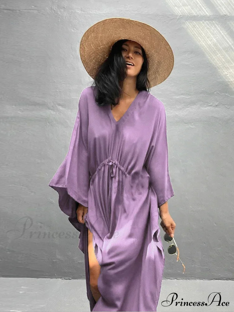 Solid Tunic Loose Kaftan Side Split Long Maxi Dress Light Purple / One Size