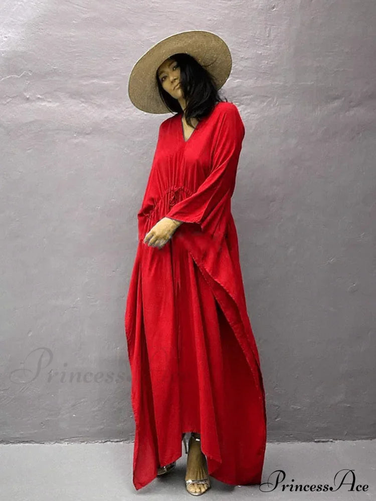 Solid Tunic Loose Kaftan Side Split Long Maxi Dress Red / One Size