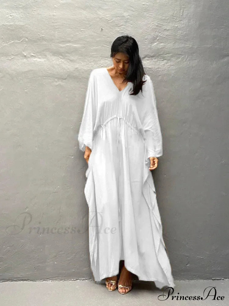 Solid Tunic Loose Kaftan Side Split Long Maxi Dress White / One Size