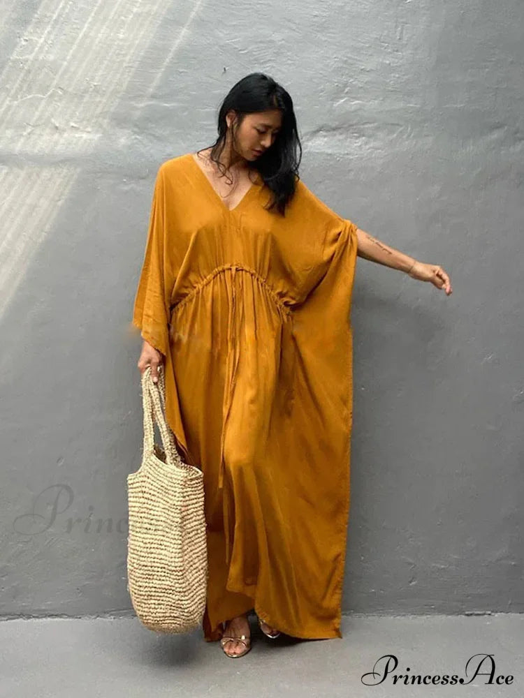 Solid Tunic Loose Kaftan Side Split Long Maxi Dress Yellow / One Size