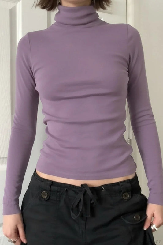 Solid Turtleneck Slim Minimalist Long Sleeve Tee